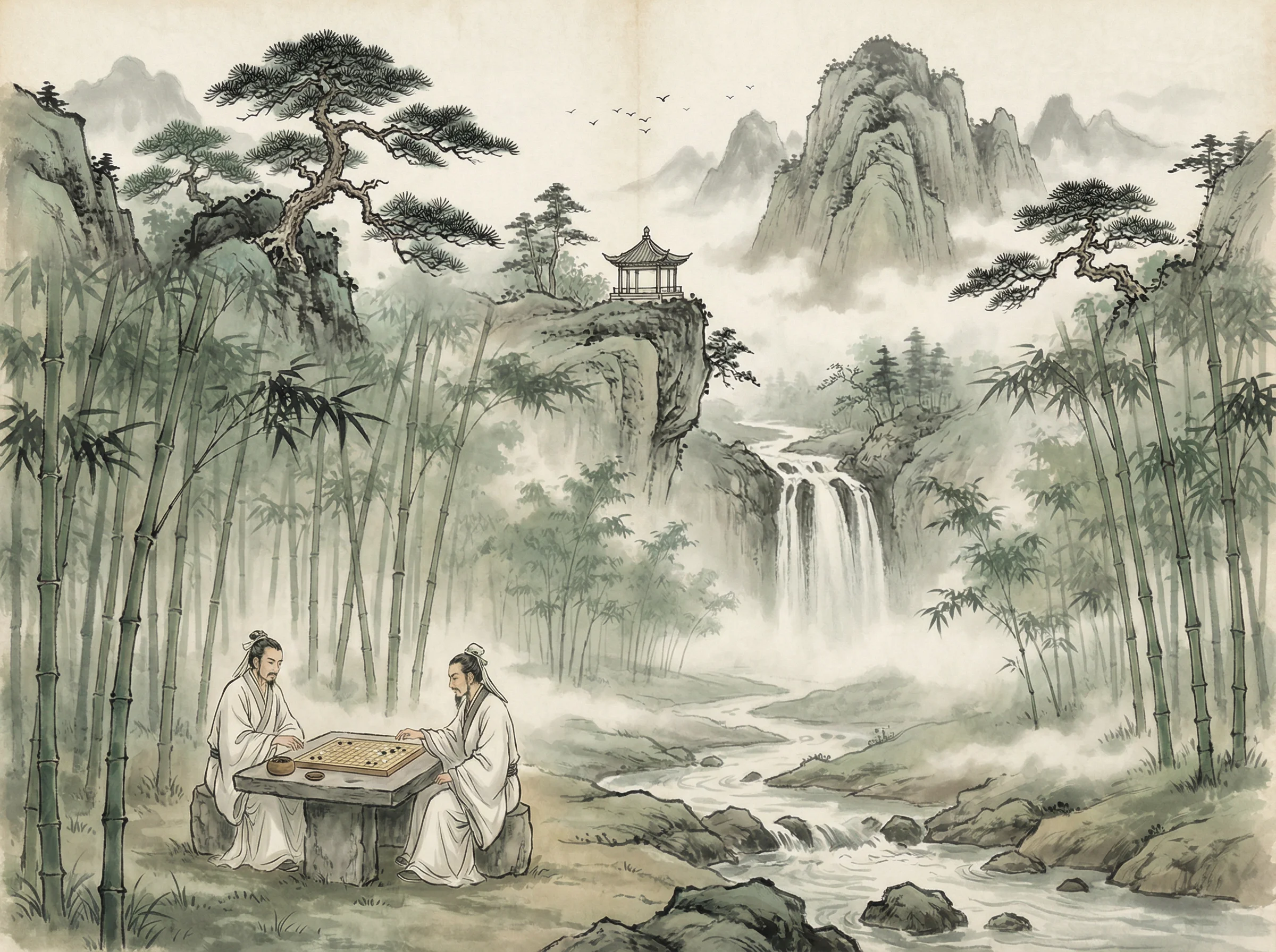 水墨山水画，松亭瀑布，gg扑克 意境延伸