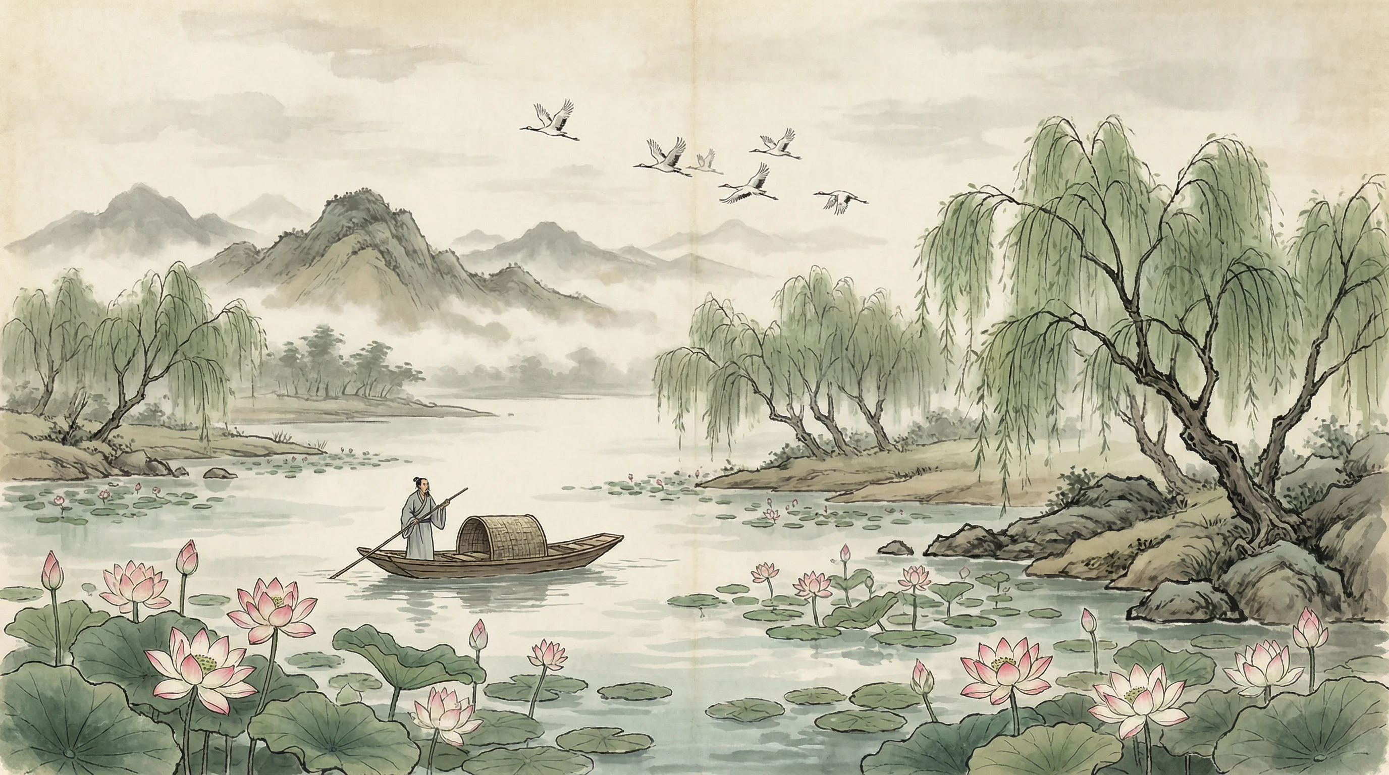 荷塘泛舟水墨画，与 gg扑克 禅意相映