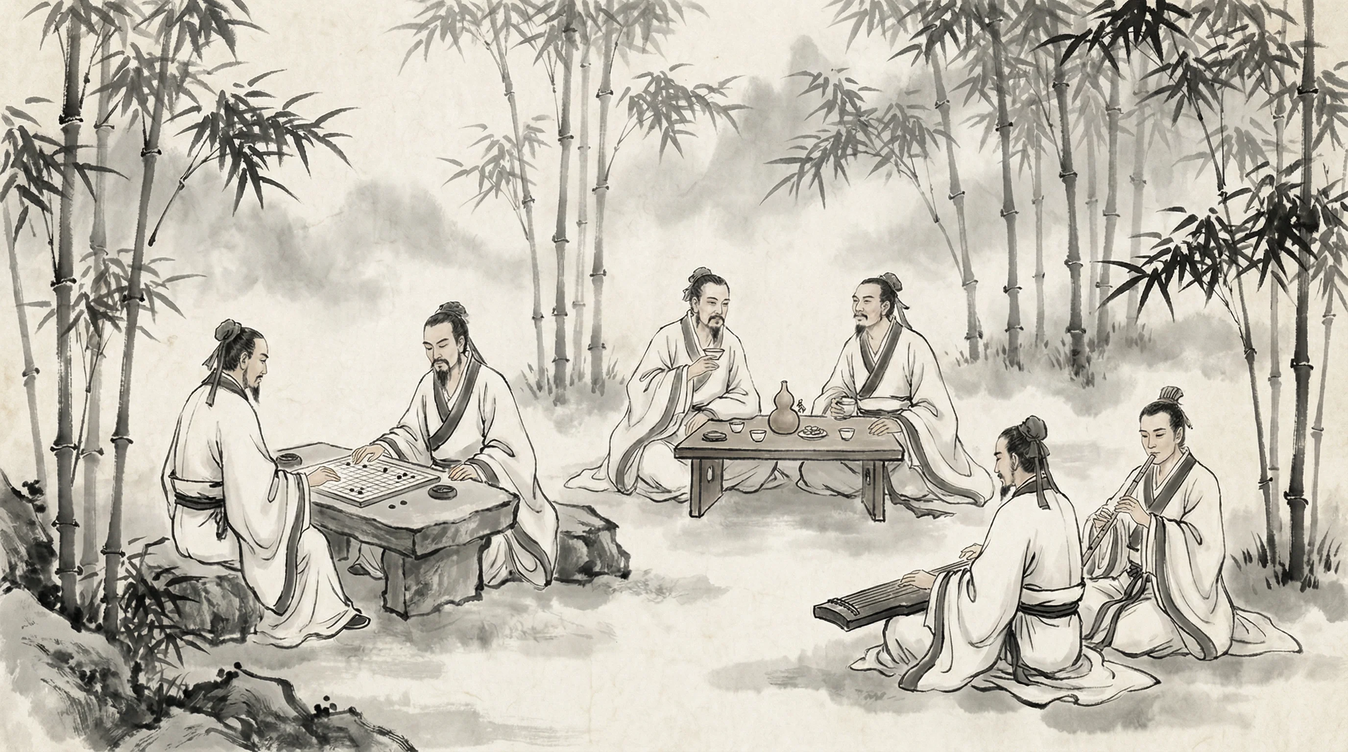 竹林七贤水墨画，隐士以棋会友，共参 gg扑克 之道