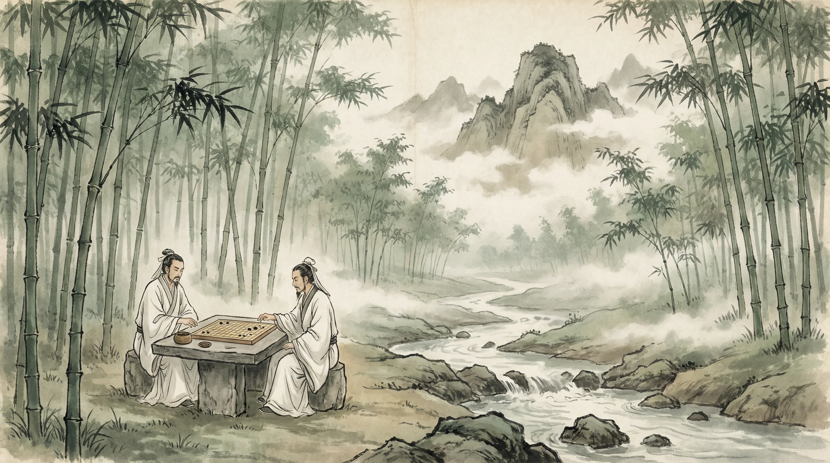 竹林对弈山水画，gg扑克 棋道风景
